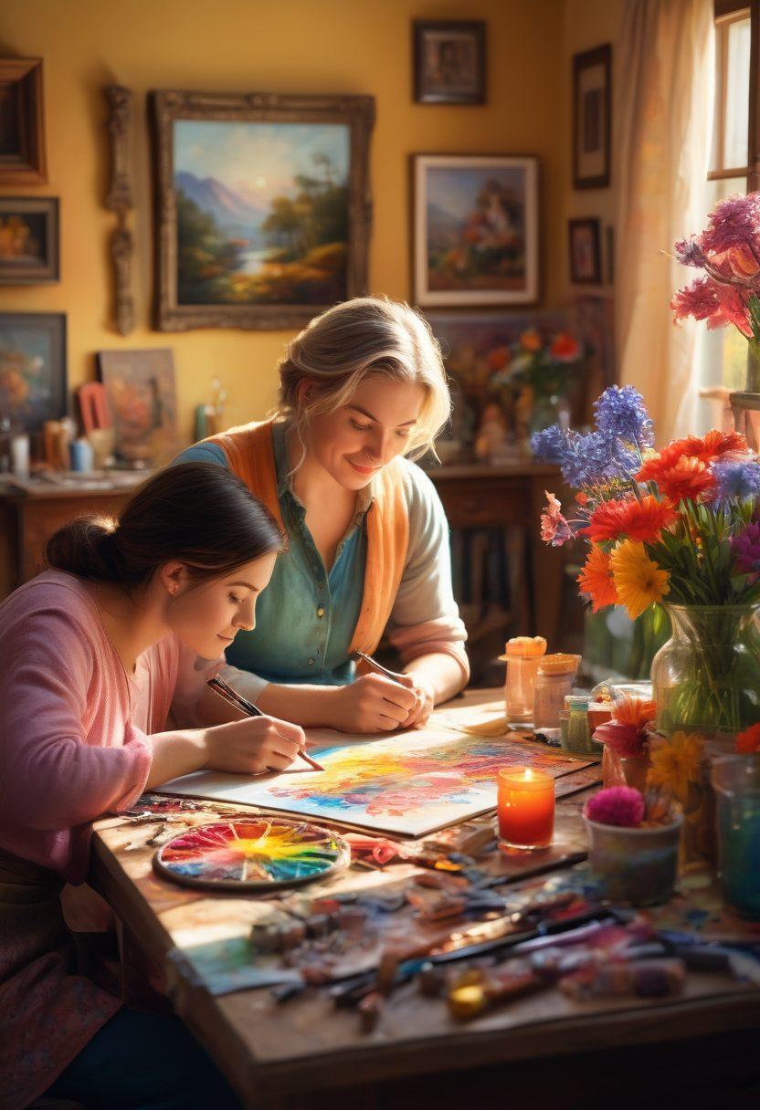 An enchanting scene depicting a couple crafting an intricate piece of art together, surrounded by vibrant colors and an array of artistic tools. In the background, glimpses of famous romantic artworks inspire their creativity. The setting is a cozy, sunlit studio filled with canvases and beautiful flowers. Their expressions radiate love and passion for both each other and the art they create. whimsical, super-realistic, vibrant colors, warm lighting.