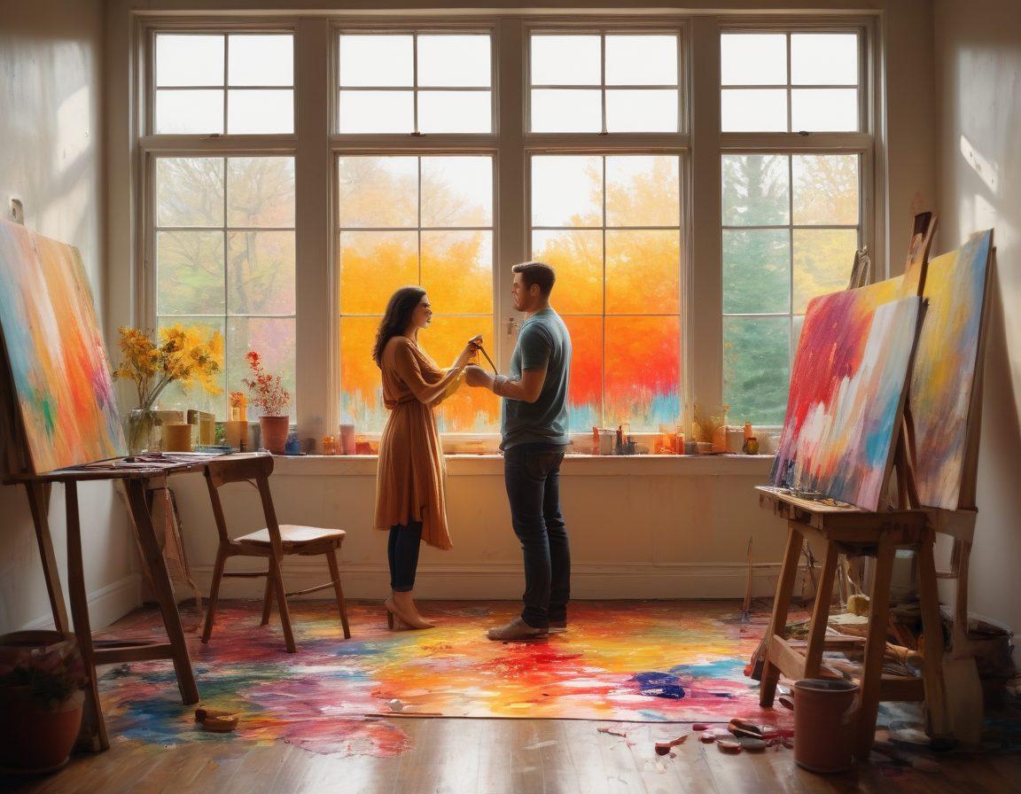 A romantic scene set in a cozy art studio, with a couple painting together, surrounded by vibrant canvases depicting love stories, splashes of color everywhere. Soft natural light filtering through a large window, illuminating their joyful expressions. Include brushes, paint tubes, and unfinished artwork as a metaphor for their evolving relationship. super-realistic. warm tones. soft focus.