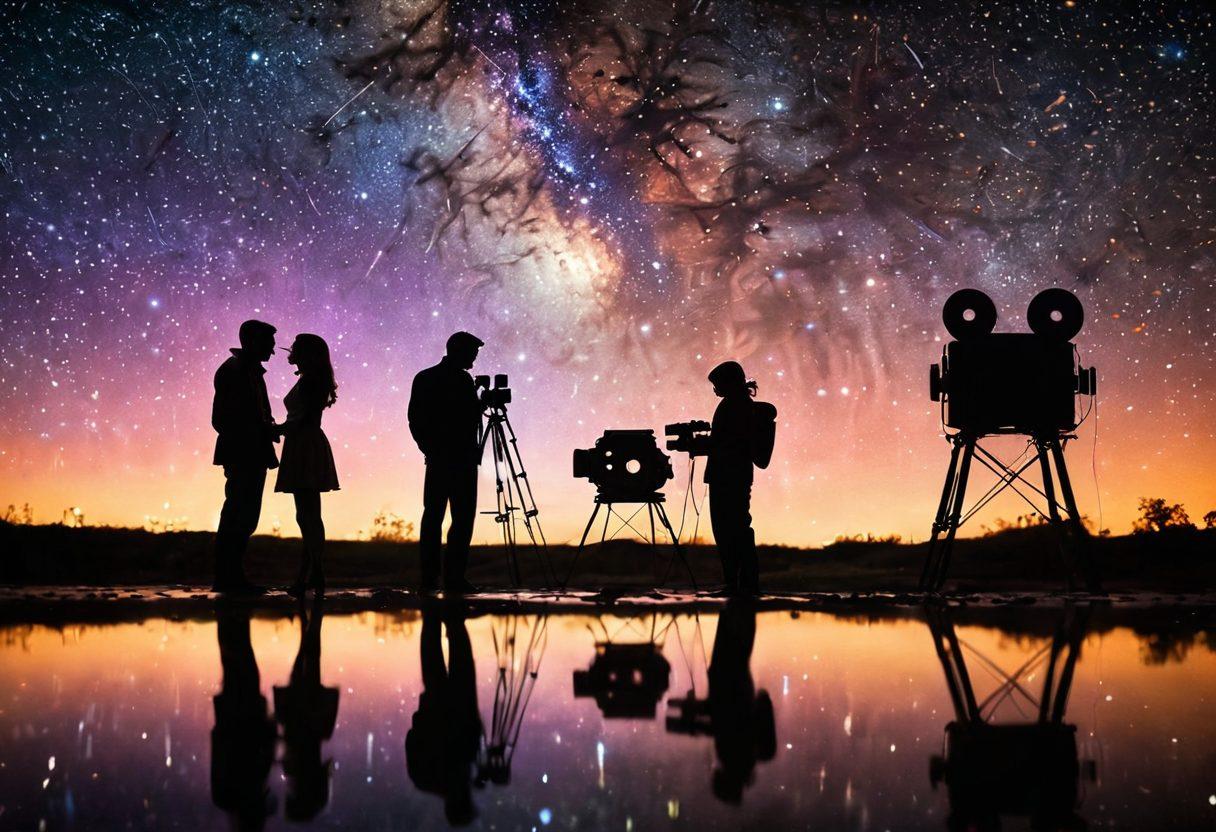 A breathtaking scene of two silhouetted figures sharing an intimate moment under a starry sky, surrounded by floating film reels and vintage cameras, symbolizing visual storytelling in love. Soft, warm lighting bathes the figures, while a cinematic lens flare adds a magical touch. The background features a blurred montage of iconic romantic movie scenes. super-realistic. vibrant colors. dreamy atmosphere.